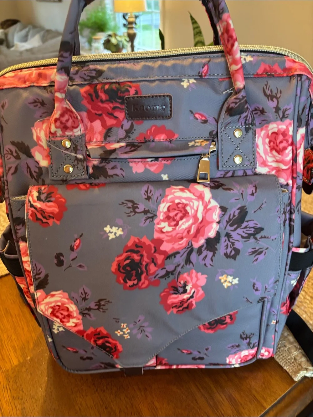 Floral Print Women’s Tote Bag - Pink Roses on Gray - Unbranded